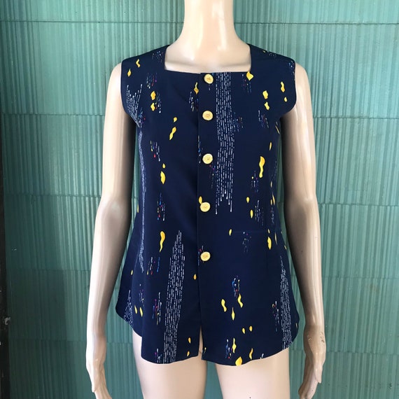 Vintage 80’s Navy Blue with Yellow Abstract Geome… - image 1