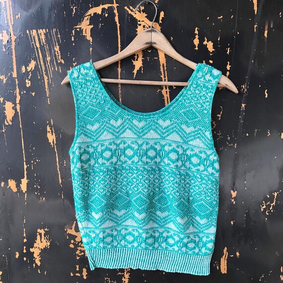 Vintage 60's/70’s Mod Teal Patterned Pullover Swe… - image 2
