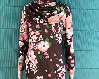 Vintage 60's/70's Mod Gathered Mock Neck Brown and Mauve Floral Print Long Sleeve Top size Medium