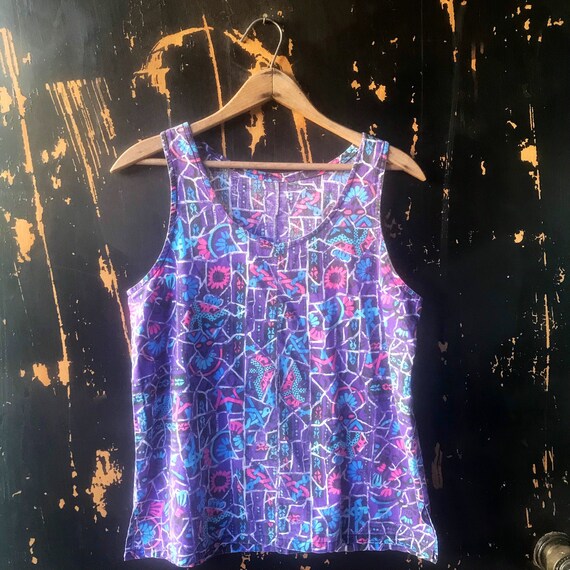 Vintage 80’s Purple Abstract Geometric Print Tank… - image 2