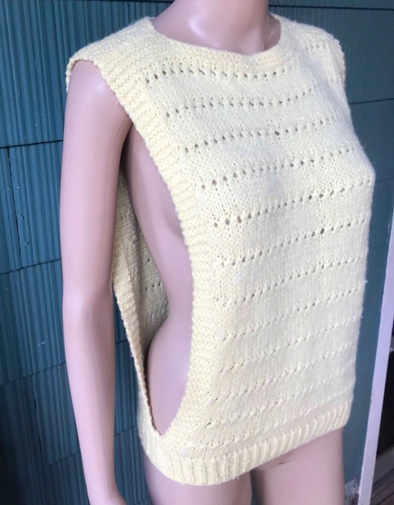 Vintage 70's Mod Pale Yellow Crochet Tank Top Swe… - image 2