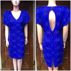 Vintage 100% Silk Hand Beaded Blue Dress with Keyhole Back by Stenay size 8