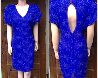 Vintage 100% Seide Hand Perlen Blaues Kleid mit Schlüsselloch Zurück von Stenay Größe 8