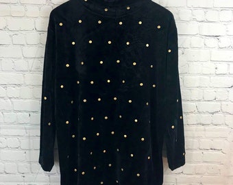 Vintage Black Stretch Velvet Turtleneck Pullover Tunic Sweater with Brass Metal Circle All Over Adornments by Dana Buchman size Medium