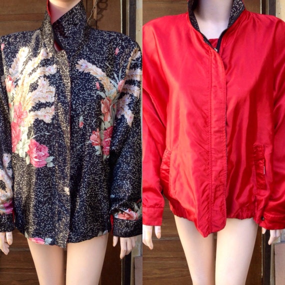 Vintage 80's Reversible Floral and Red Silky Slou… - image 3