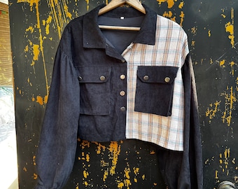 Vintage 90's Crop Beige Plaid Flannel and Black Corduroy Puff Sleeve Jacket size Large
