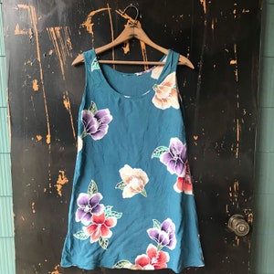 Vintage 80&#39;s/90’s Teal Tropical Print Rayon Mini Tank Dress