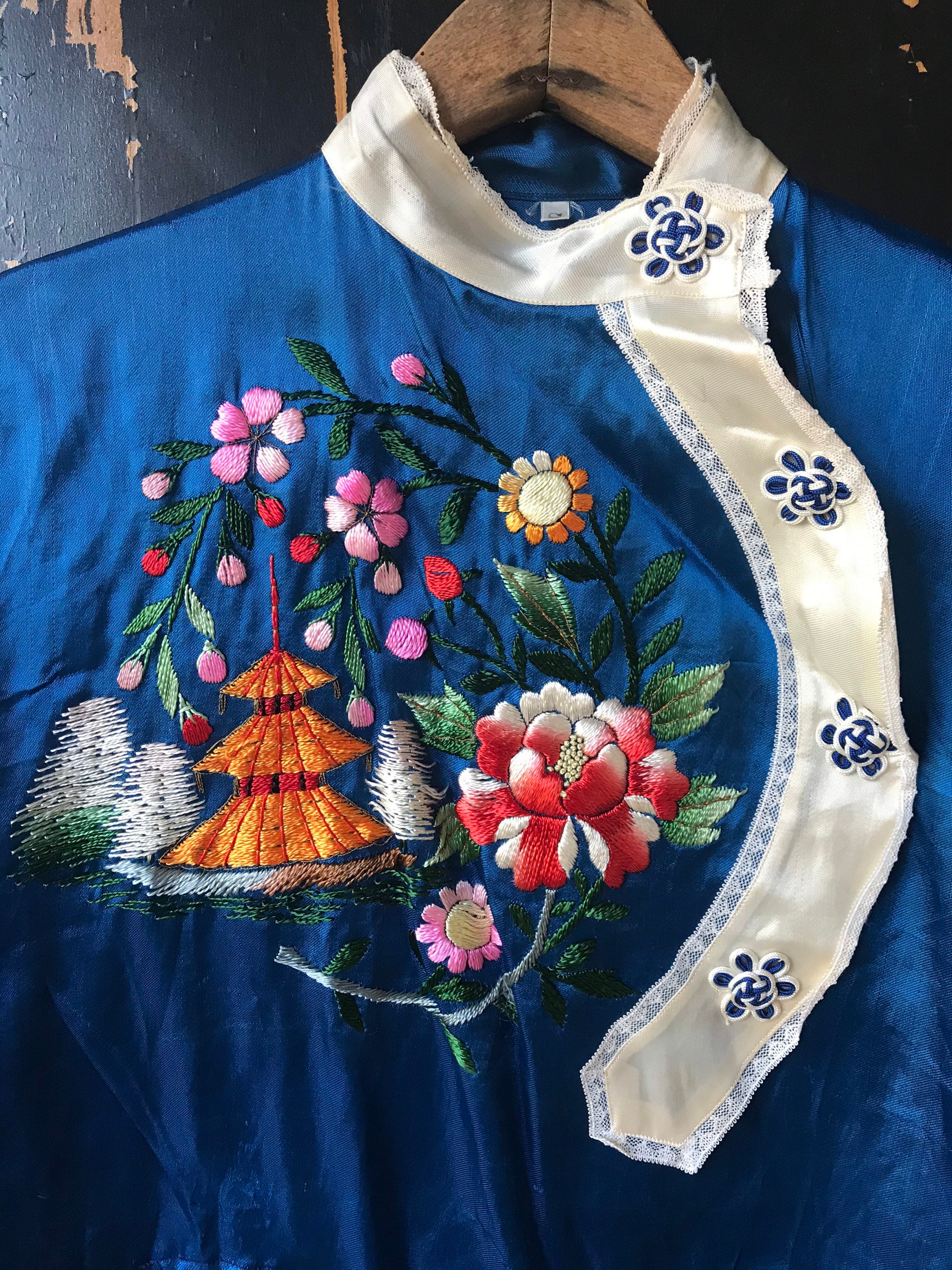 Vintage 30's Blue Satin Asian Inspired Floral Embroidered