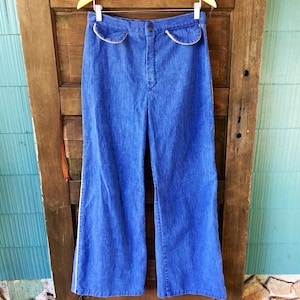 Vintage 70&#39;s Women&#39;s High Waisted Wide Leg Bellbottom Jeans With Hemp Details // 27-28&quot;Waist // True Authentic Hippie Jeans