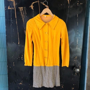 Vintage 60&#39;s Mustard Mod Long Sleeve Dress With Plaid Skirt Mini Dress size Small