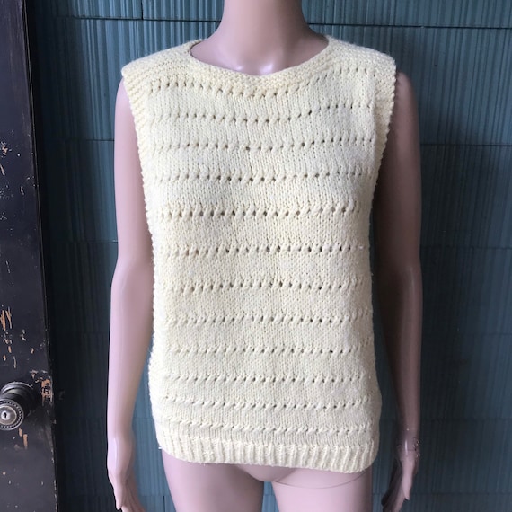 Vintage 70's Mod Pale Yellow Crochet Tank Top Swe… - image 1