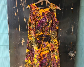Vintage 60's Mustard Mod Quail Print Sleeveless Shift Dress size medium
