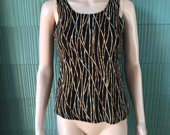 May include: A sleeveless black tank top with a white and brown abstract pattern. The pattern resembles thin, wavy lines.