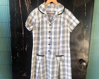Vintage 60's Mod Black and White Plaid Day Dress talla Mediana/grande
