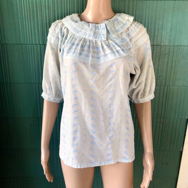 Vintage 70’s Light Blue Semi Sheer Eyelet Lace Top size medium by C&A