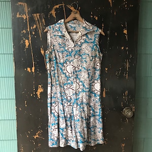 Vintage 60&#39;s Blue, Brown, and White Paisley Print Romper/ Playsuit/ One piece/ Skort size medium