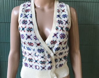 Vintage 80's Patterned Buttondown Sweater Vest Sleeveless Sweater Top by Chego size Small