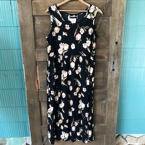 Vintage 90&#39;s Black Floral Rayon Babydoll Tank Dress by Mallory Malloy Size Medium
