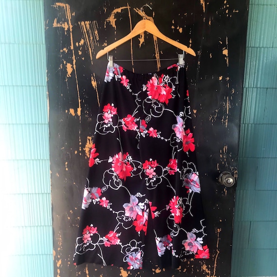 Vintage 70's Black and Floral Polyester High Wais… - image 1