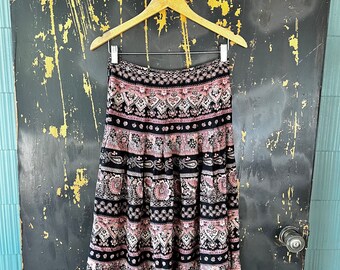 Vintage 90's High Waisted Black with Multi Tone Pink Floral and Paisley Print Stripes Midi Skirt size Small