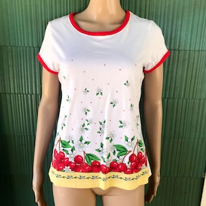 Vintage 90&#39;s White with Red Cherry Print Cotton Babydoll Tshirt Top Dream Wear by Mary Engelbreit size medium
