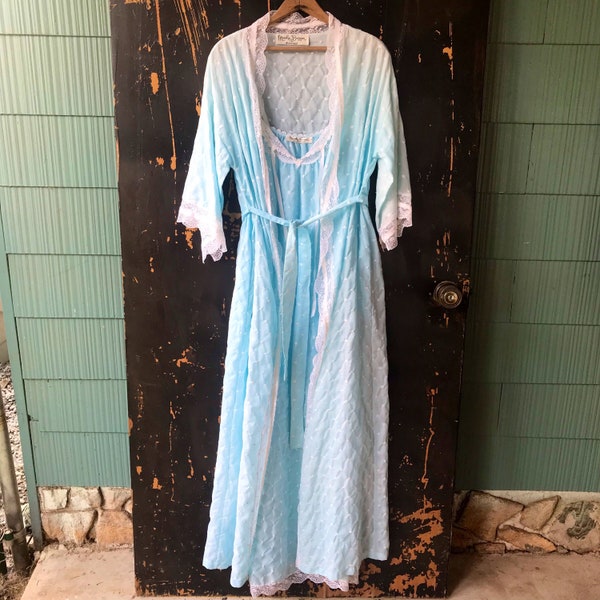 Vintage 60's/70’s Sky Blue Lightweight Eyelet Lace Trapeze Nightgown and Robe Lingerie Set by Marsha Bergen for Colonial size medium