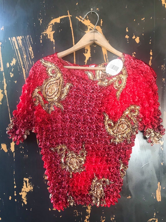 Vintage 90's Red with Gold Paisley Print Popcorn … - image 3