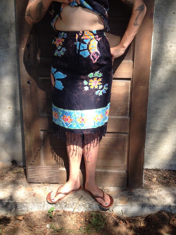 Vintage 90's Batik Butterfly Rayon Fringed Mini D… - image 5