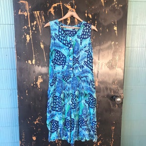Vintage 90&#39;s Teal Tropical Sea Turtle Print Rayon Romper by New Aura Size Medium