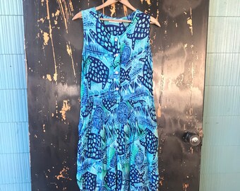 Vintage 90's Teal Tropical Sea Turtle Print Rayon Romper by New Aura Size Medium