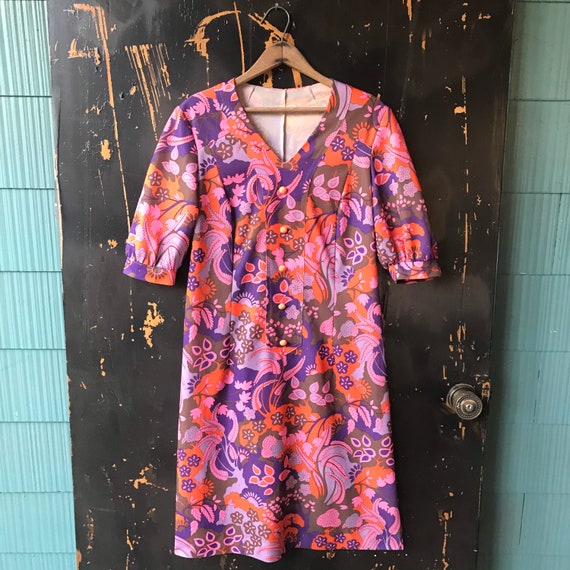 Vintage 70's Groovy Mod Pink and Orange Floral Pai
