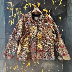 Vintage 90&#39;s Animal Print Floral Paisley Patchwork Tapestry Swirling Appliqué Dream Jacket by Chico’s size large