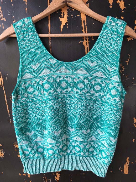 Vintage 60's/70’s Mod Teal Patterned Pullover Swe… - image 5