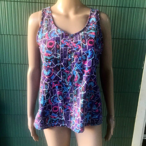 Vintage 80’s Purple Abstract Geometric Print Tank… - image 1