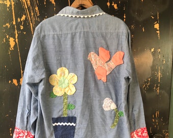 Vintage 70's Hand Embroidered Flower Garden Long Sleeve