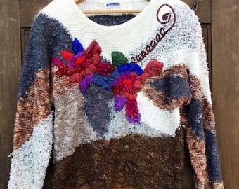 Vintage 80's Women's Crazy Mixed Yarn Pullover Floral Art Sweater Mariea Kim