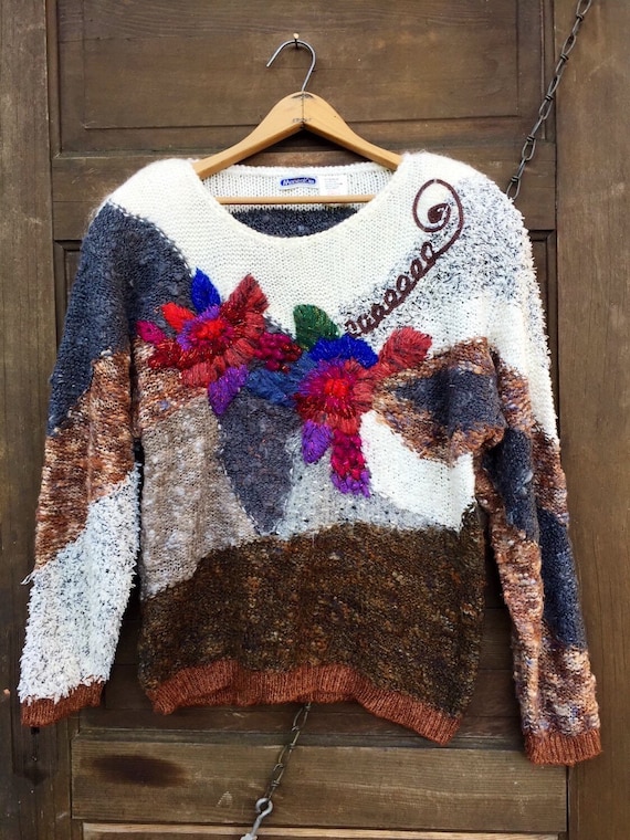 Vintage 80's Women's Crazy Mixed Yarn Pullover Flo