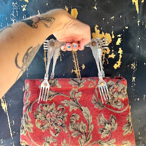 Vintage Antique Forks Top-Handle Tapestry Carpet Bag/ Purse/ Hand Bag/ Ornate Rug Bag/ OOAK/ Wearable Art