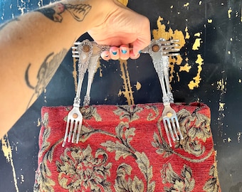 Vintage Antique Forks Top-Handle Tapestry Carpet Bag/ Purse/ Hand Bag/ Ornate Rug Bag/ OOAK/ Wearable Art