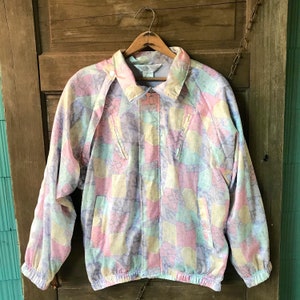 Vintage 80&#39;s Pastel Baroque Patchwork Print Windbreaker Bomber Jacket with Removable Sleeves Oversized size Small