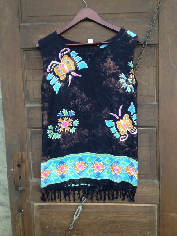 Vintage 90's Batik Butterfly Rayon Fringed Mini D… - image 2