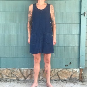 Vintage 90&#39;s Dark Blue Denim Jumper Mini Dress with Raw Hem by Amy K Su Size Small