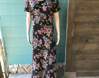 Vintage 90er Jahre schwarzes Blumen Maxi Kleid von PJLA Größe small/medium