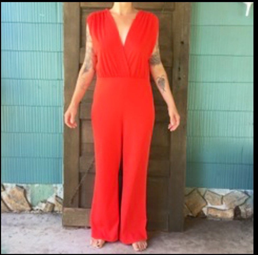 Vintage 60 s Deep Plunge Bright Red Jumpsuit Union Made Size Medium Etsy