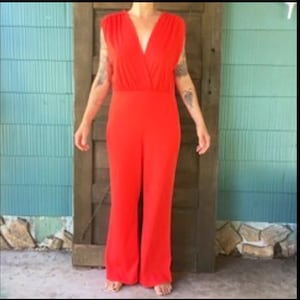 Vintage 60&#39;s Deep Plunge Bright Red Jumpsuit Union Made size Medium