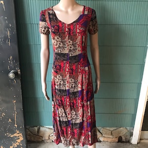 Vintage 90&#39;s Abstract Patchwork and Floral Print Rayon Tea Length Maxi Dress size Small
