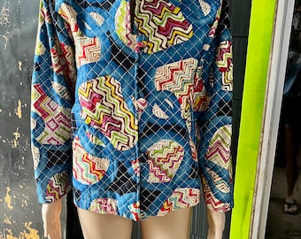 Vintage 70's Unique Blue Tone Abstract Print Quilted Jacket by