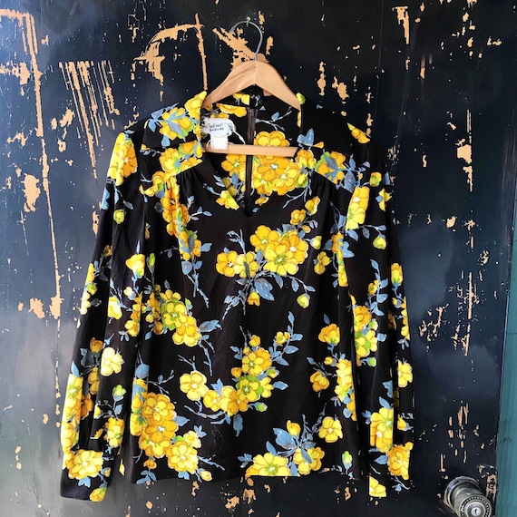 Vintage 70's Mod Black with Yellow Floral Long Po… - image 1