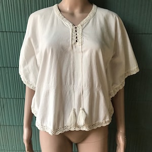 Vintage 70's Mexican Inspired White Lace Trim Poncho Top with Draw String Tassels Small/ Medium/ Large