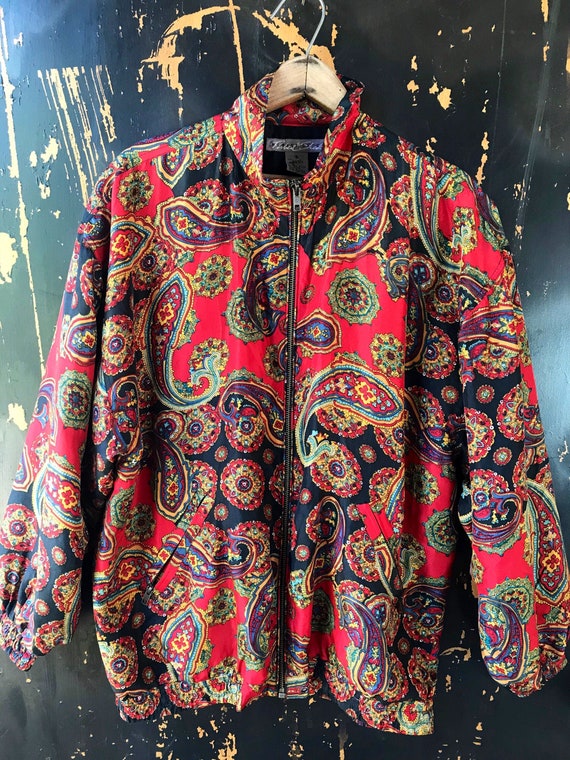 Vintage 90’s Red Paisley Silk Windbreaker Bomber … - image 3